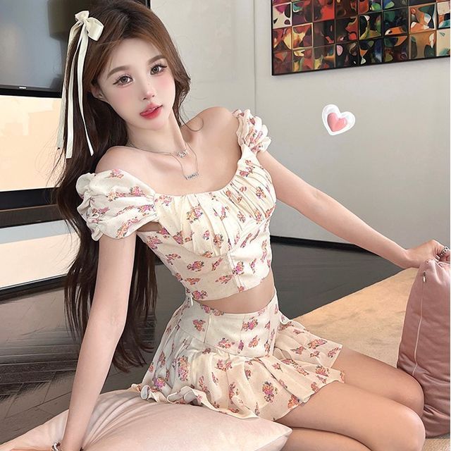 Floral Mini Skirt And Off Shoulder Top Women's Floral Shoulder Top