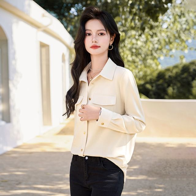 Skyheart-Long-Sleeve Pocketed Plain Shirt