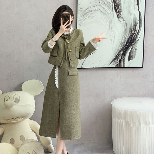 Sienne-Set Plain Lace Trim single-Breasted Jacket High Waist Front-Slit Midi A-Line Skirt