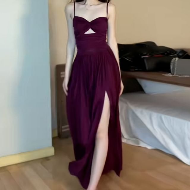Moanum-Spaghetti Strap Plain Cutout Side-Slit Maxi Sundress