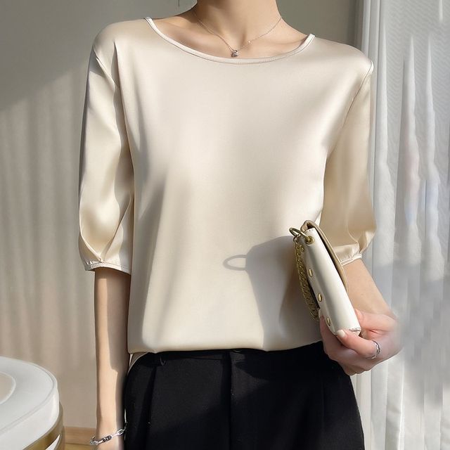 Weelop-Elbow-Sleeve Boat-Neck Plain Blouse
