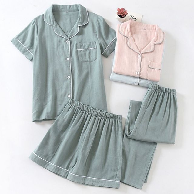 Dogini-Pajama Set Short-Sleeve Collared Contrast Trim Button Top Elastic Waist Plain Straight Leg Pants Shorts