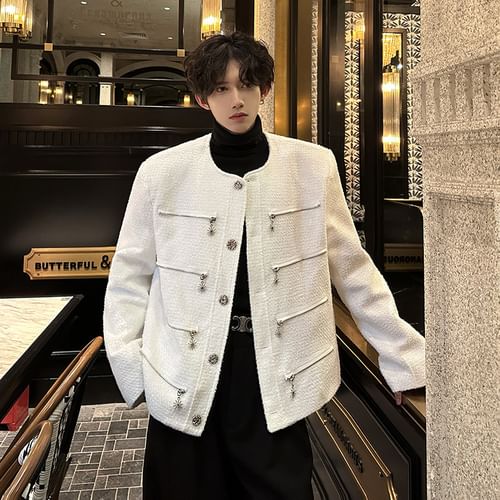 Freehop - Long Sleeve Round Neck Embellished Tweed Jacket