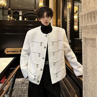 [MARITHE]★W CLASSIC ROUND NECK TWEED JACKET Freehop - Long Sleeve Round Neck Embellished Tweed Jacket
