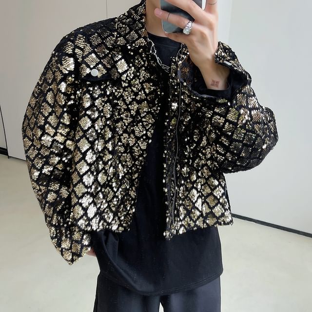 Adothuiastic-Collared Sequin Zip Cropped Jacket