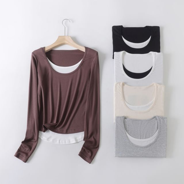 KUMI-Long-Sleeve Scoop Neck Mock Two-Piece Two Tone Tee