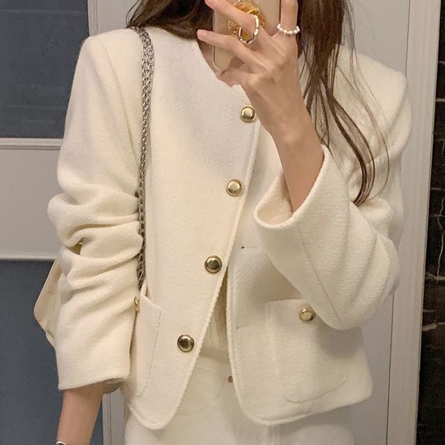Odestra-Crew Neck Plain Single-Breasted Jacket