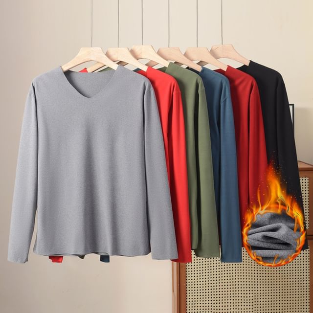KUMI-Long-Sleeve V-Neck Plain T-Shirt