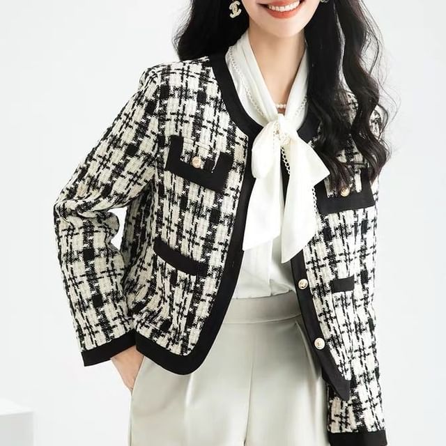 Jeonseon-Round Neck Houndstooth Tweed Button Cropped Jacket