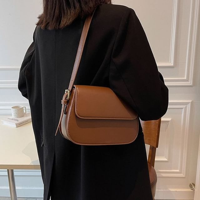 NewTown-Plain Faux Leather Flap Shoulder Bag
