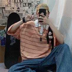 AXEN - Elbow-Sleeve Striped Polo Shirt AXEN - Elbow-Sleeve Striped Polo Shirt
