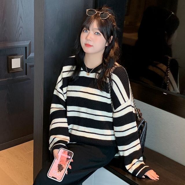 tropibreeze-Crew Neck Striped Ribbed Sweater