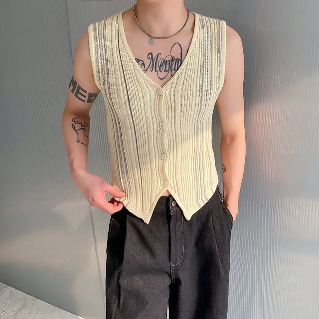 Omozando-V-Neck Ribbed Button Knit Tank Top