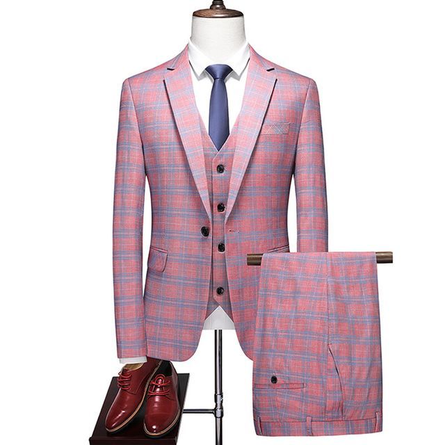 Sheck-Set Plaid One-Buttoned Blazer V-Neck Button-Up Vest Mid Rise Tapered Dress Pants