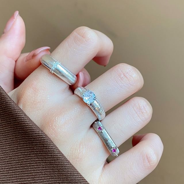 Calafa-Rhinestone Textured Open Ring