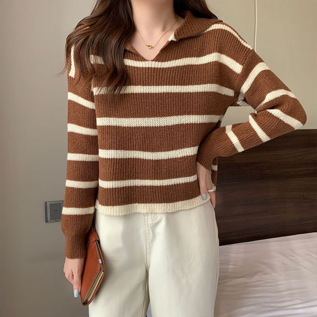 Faiar-Long-Sleeve Collar Striped Knit Top