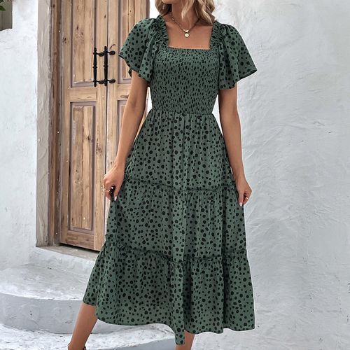 samouya - Short-Sleeve Square Neck Dotted Midi A-Line Dress