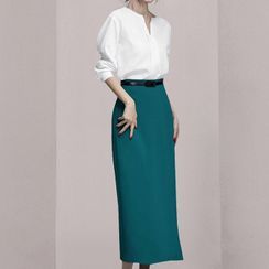 Shacos - Set: Plain Blouse + Midi Pencil Skirt
