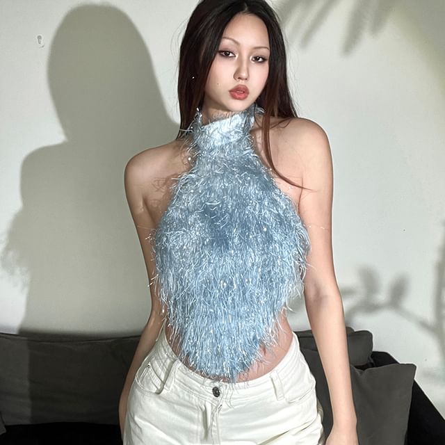 Bababy-Halter Neck Plain Fluffy Crop Camisole Top