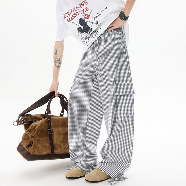 VEAZ-Drawstring Waist Plaid Wide Leg Pants