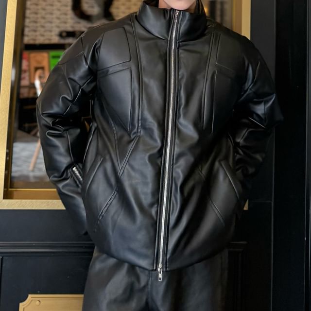 Omozando-Faux Leather Padded Zip Jacket