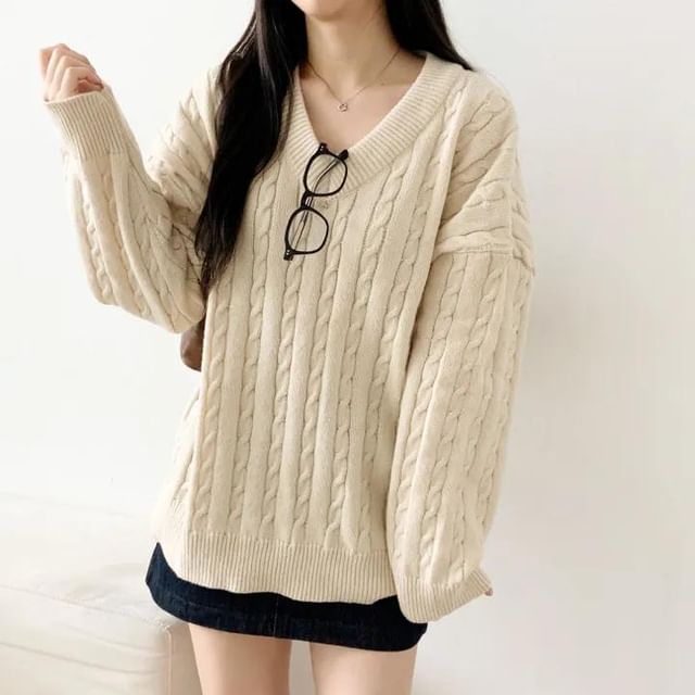 PINPI-V-Neck Plain Cable-Knit Sweater