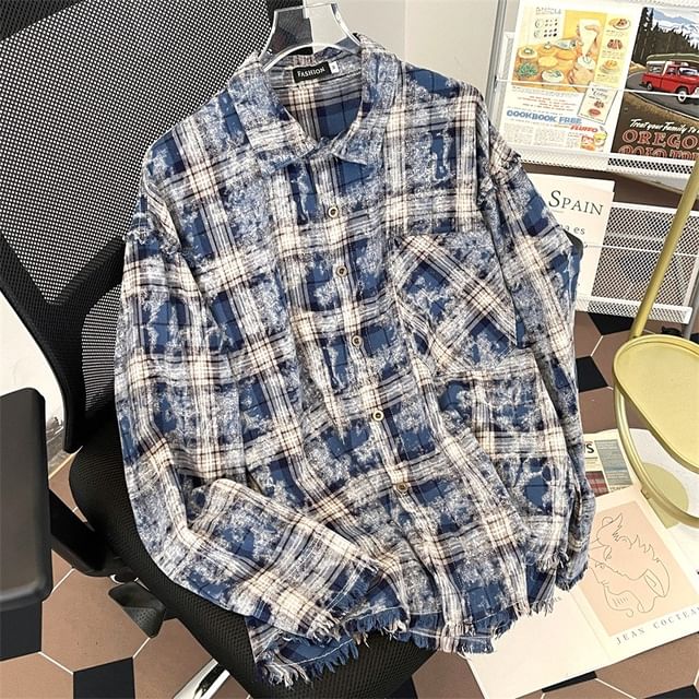 Lingaris-Collar Plaid Fringed Pocket Detail Shacket