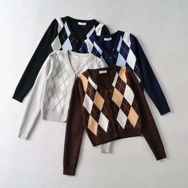 Ulark-V-Neck Argyle Cardigan