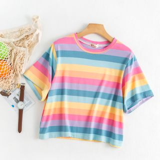 KAKAGA Rainbow Striped Short Sleeve Cropped T-Shirt | YesStyle