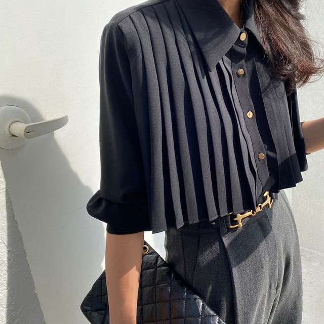 Odestra-Long Sleeve Collared Plain Pleated Shirt