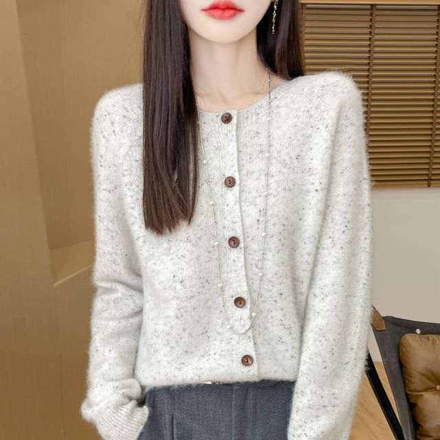 Weelop-Round Neck Melange Button Cardigan
