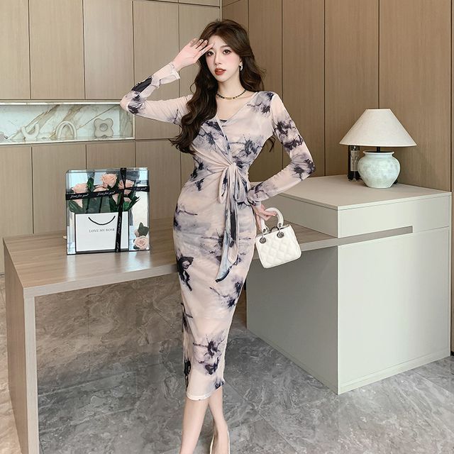 Tanzil - Set: Long-Sleeve V-Neck Floral Mesh Midi Sheath Dress + Slip Dress  | YesStyle