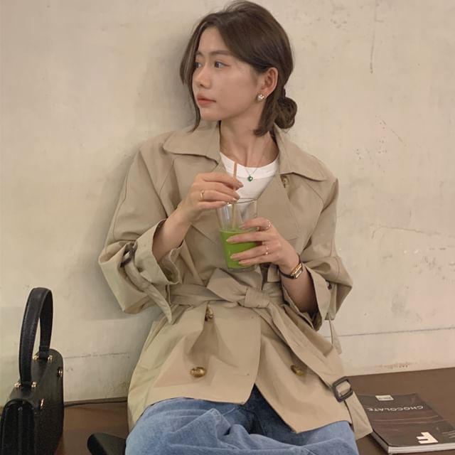 ANORA-Lapel Collar Double-Breasted Plain Trench Jacket