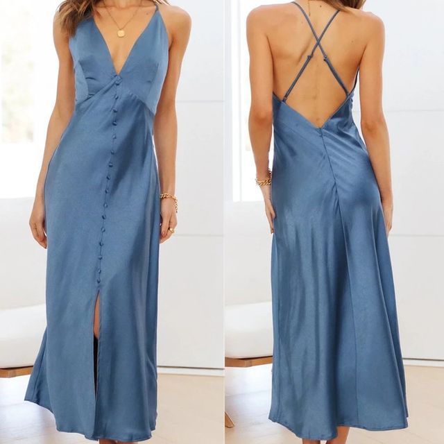 Opuscule-Spaghetti Strap V-Neck Satin Slit Maxi Dress
