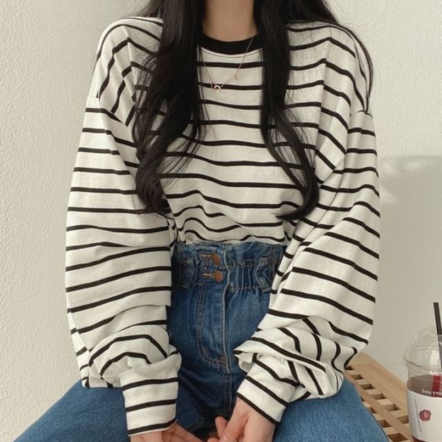 CRIBI-Long-Sleeve Round Neck Striped T-Shirt