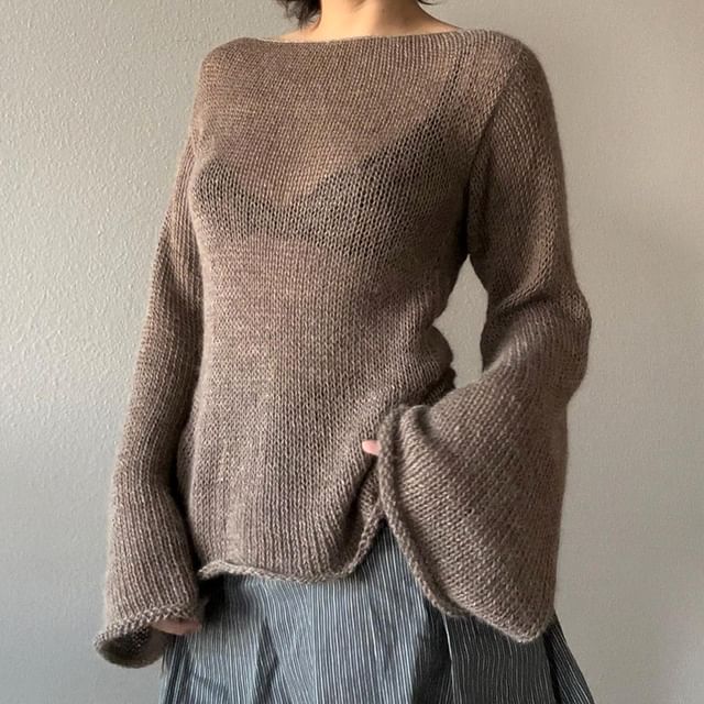 PINPI-Long-Sleeve Boat Neck Plain Open Back Knit Top