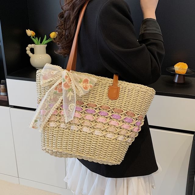 KOCORE-Color Block Woven Tote Bag Thin Scarf Set