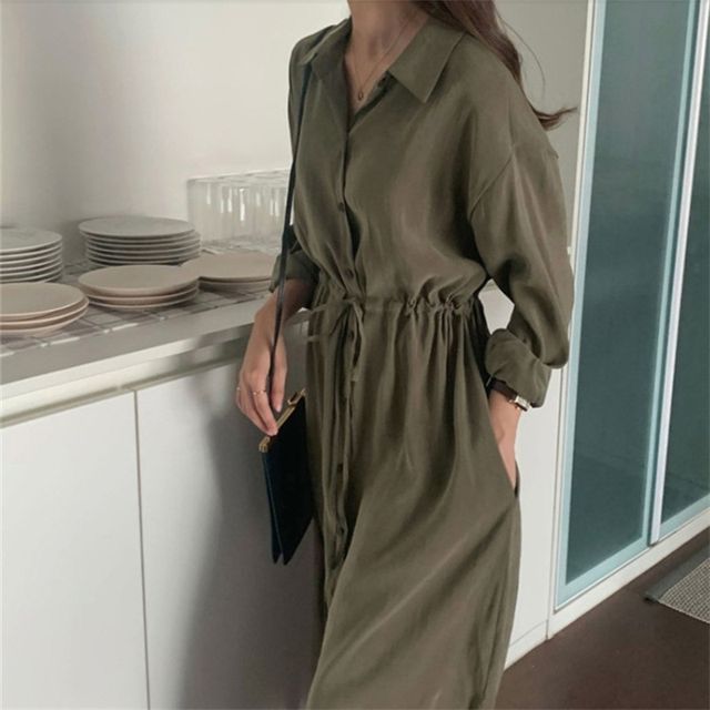 Lewwe-Long-Sleeve Collared Plain Maxi Shirt Dress
