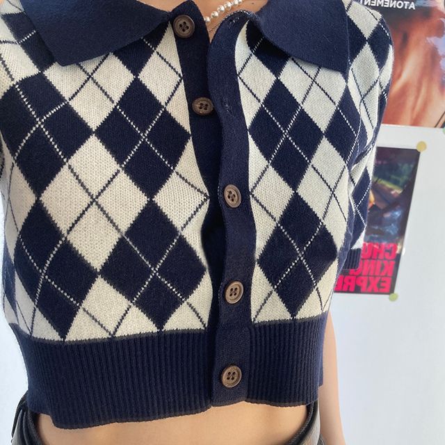 argyle print cardigan