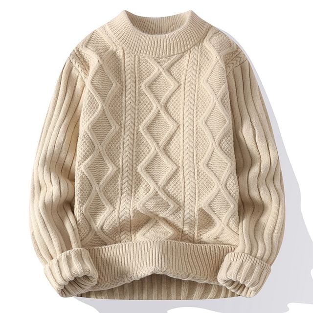 FORSETI-Mock Neck Plain Cable Knit Sweater