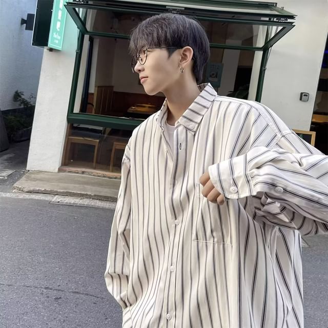 Jozev-Long-Sleeve Collared Striped Oversized Button Shirt