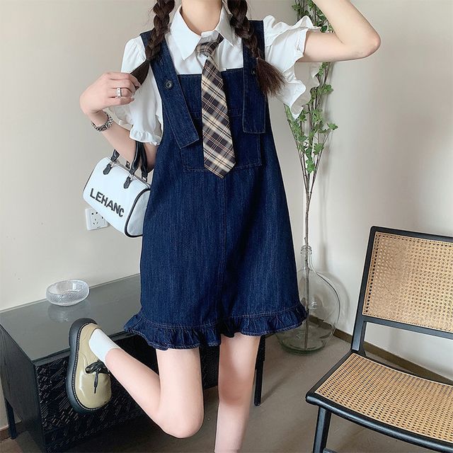 Ruffle Trim Denim Mini Dungaree Dress