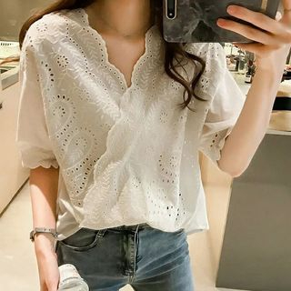 Barrimore - Elbow-Sleeve Eyelet Lace Top
