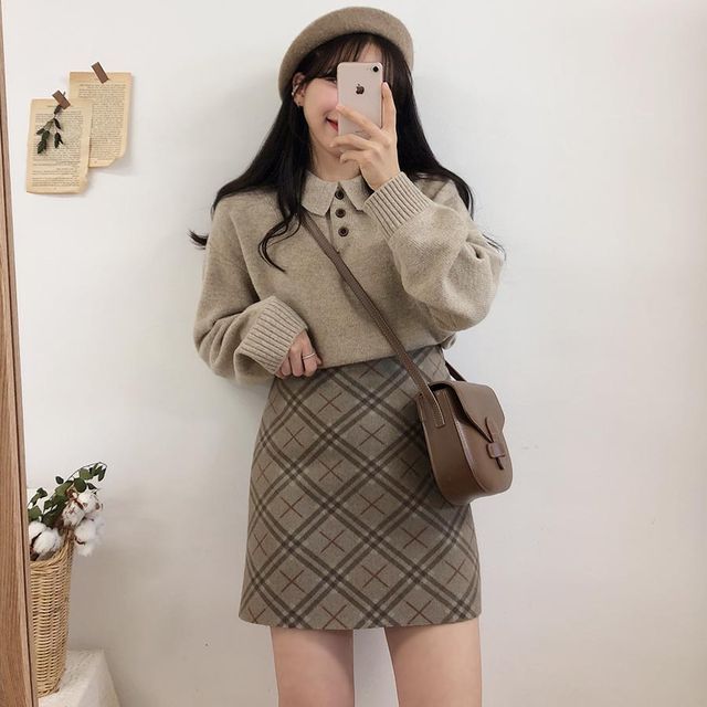 Saccharine Plain Polo Sweater / Plaid Mini ALine Skirt YesStyle