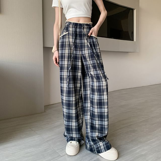 monroll-Drawstring Waist Plaid Frill Wide Leg Pants
