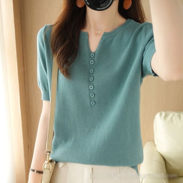 Cloud Nine-Short-Sleeve Notch Neck Plain Button Knit Top