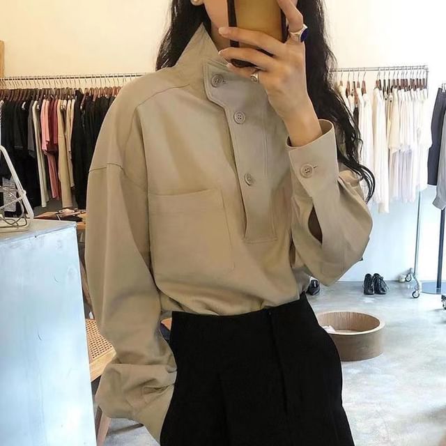Everose-Long-Sleeve Plain Asymmetrical Button Blouse