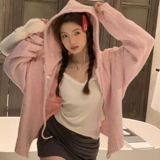 Closette-Plain Hooded Drawstring Zip Cardigan