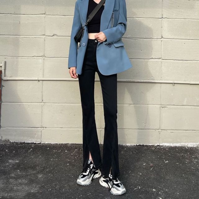 Wildfoea-High Waist Washed Slit Flared Jeans