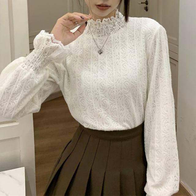 ANORA-Long Sleeve Mock Neck Plain Lace Top
